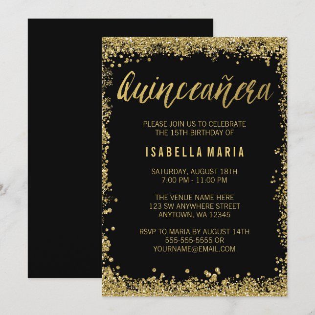 Invitation Parties scintillant Black Gold Faux Quinceanera 15 (Devant / Derrière)