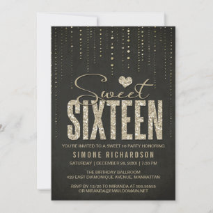 Invitation Parties scintillant Black & Gold Look Sweet 16 (Se