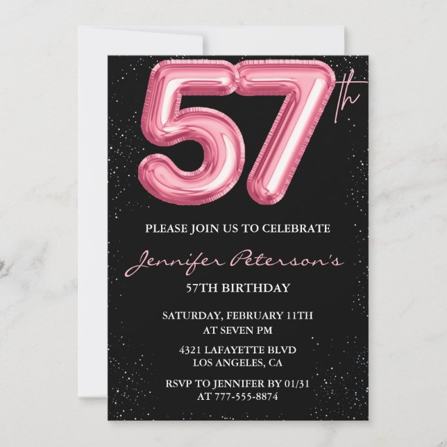 Invitation Parties scintillant Black Pink Balloon Glam 57e an (Devant)