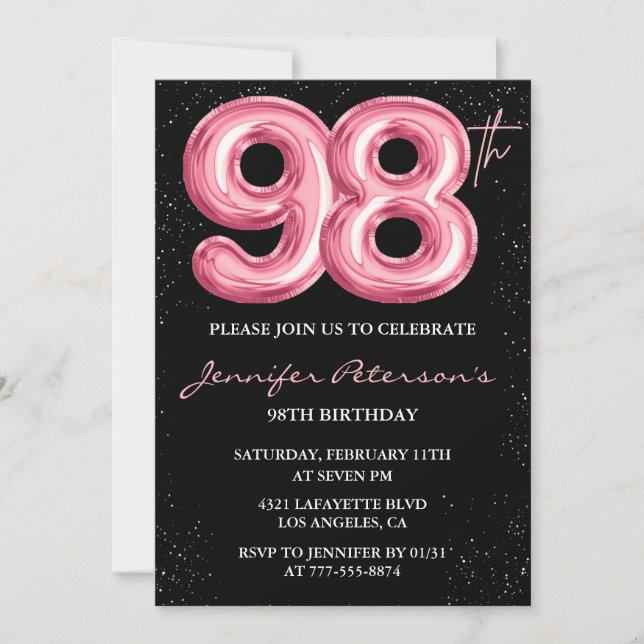 Invitation Parties scintillant Black Pink Balloon Glam 98e an (Devant)