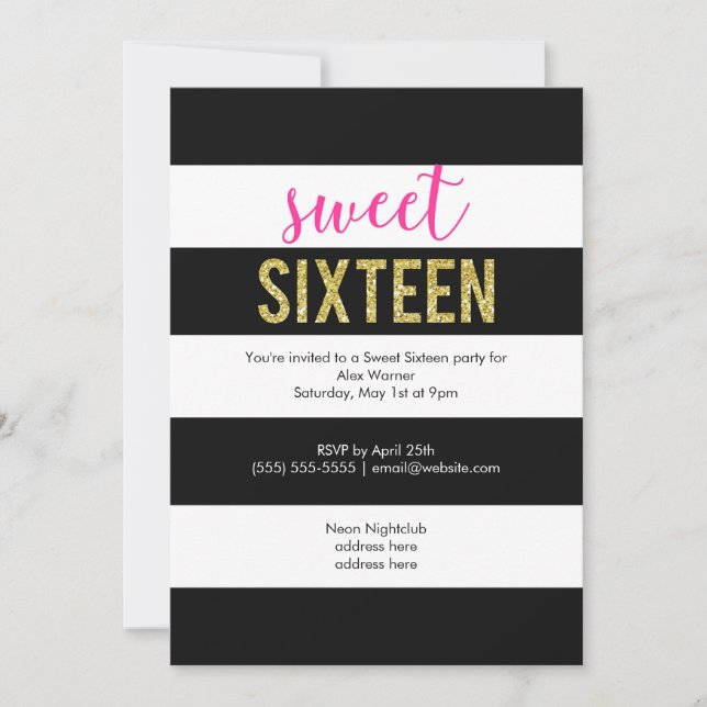 Invitation Parties scintillant Black Stripes Sweet sixteen (Devant)