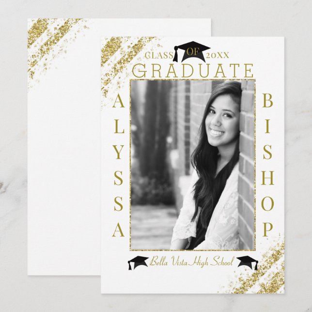 Invitation Parties scintillant blanche et or Photo Graduate (Devant / Derrière)