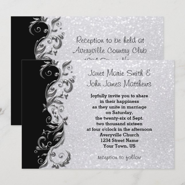 Invitation Parties scintillant blanche, Mariage floral noir e (Devant / Derrière)