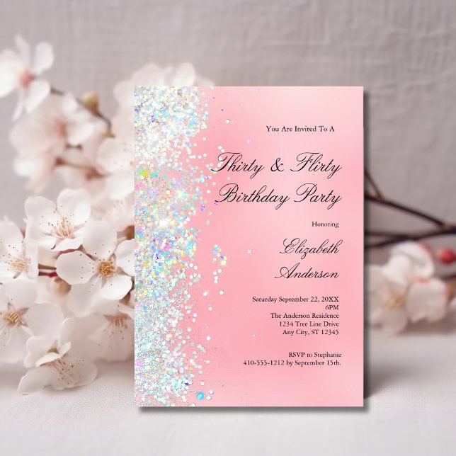 Invitation Parties scintillant blanche rose vif 30ème anniver (Blush Pink and White Glitter 30th Thirty and Flirty Birthday Party invitation)