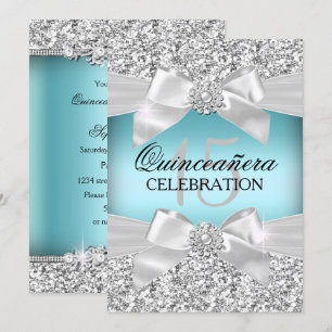 Invitation Parties scintillant bleu argent et bijoux Bow Quin