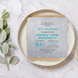 Invitation Parties scintillant bleu argent et turquoise Douce