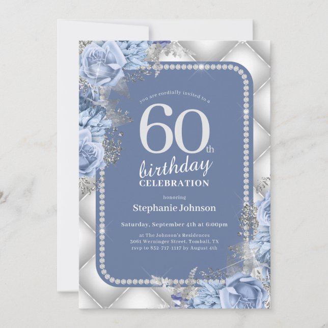 Invitation Parties scintillant bleu argent Floral 60e anniver (Devant)