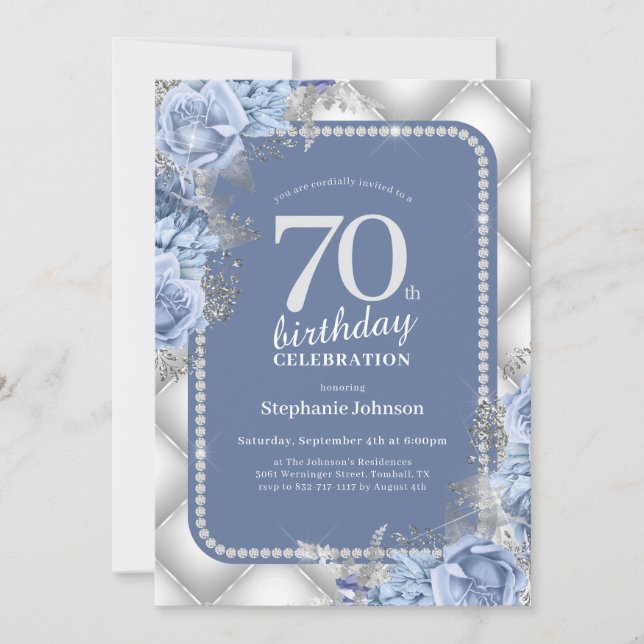 Invitation Parties scintillant bleu argent Floral 70e anniver (Devant)