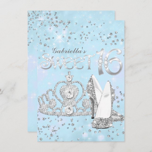 Invitation Parties scintillant bleu argent Tiara & talons dou (Devant / Derrière)
