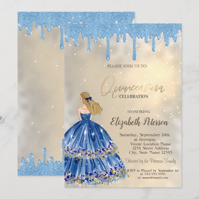 Invitation Parties scintillant bleu clair, Robe fille or (Devant / Derrière)