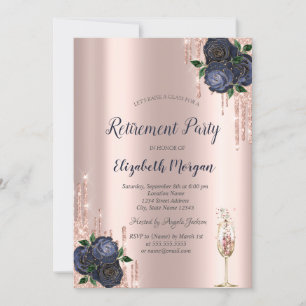 Invitation Parties scintillant, Bleu de la Marine Roses retra