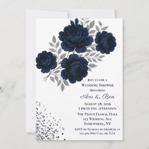 Invitation Parties scintillant bleu marine et argent Feuille