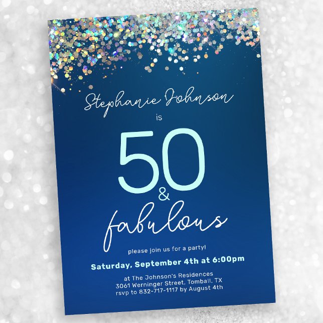 Invitation Parties scintillant bleue 50 et Fabulous 50th Birt (Mock-up view)