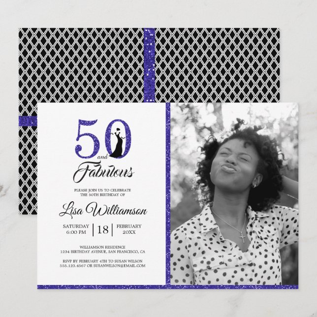 Invitation Parties scintillant Bleue 50 Fabuleux 50e annivers (Devant / Derrière)