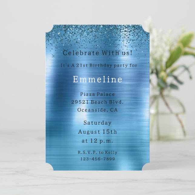 Invitation Parties scintillant Bleue Aqua métallique chic (Debout devant)