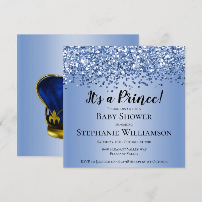Invitation Parties scintillant bleue Baby shower Prince (Devant / Derrière)
