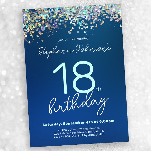 Invitation Parties scintillant Bleue Chic 18e fête d'annivers (Chic Blue Glitter 18th Birthday Party Invitation)