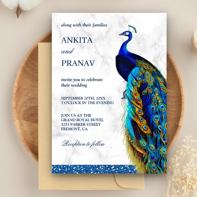 Invitation Parties scintillant Bleue Chic moderne Peacock Mar (Créateur téléchargé)