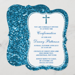 Invitation Parties scintillant Bleue Croix Sainte Communion O