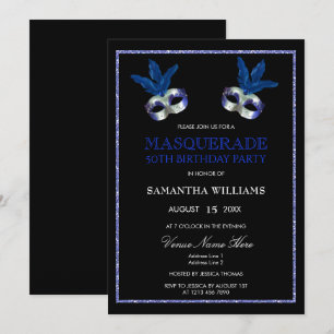 Invitation Parties scintillant bleue élégante Masquerade 50e 