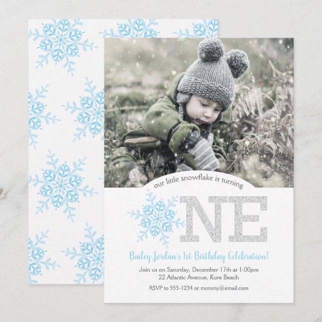 Invitation Parties scintillant Bleue et argent Snowflake 1er  (Devant / Derrière)