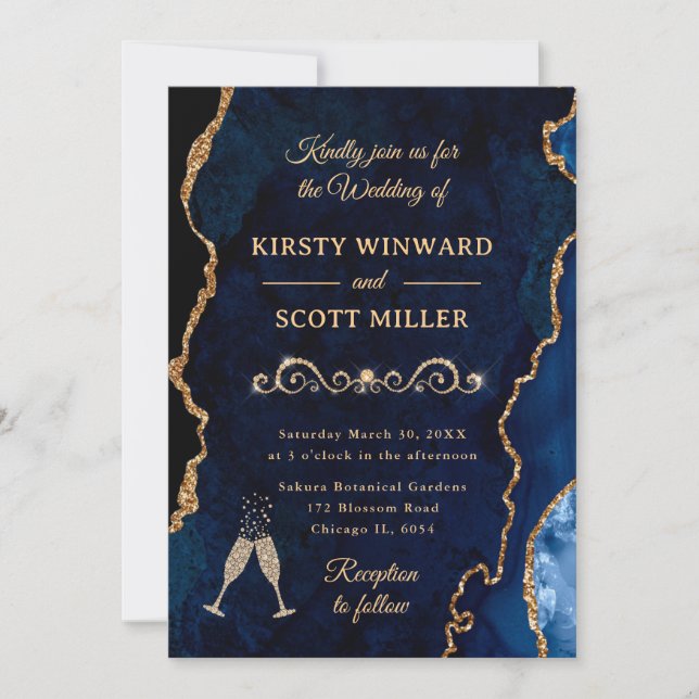 Invitation Parties scintillant bleue et or Agate et Mariage e (Devant)
