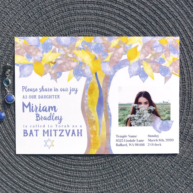 Invitation Parties scintillant bleue et or Arbre de vie Bat m (light blue and gold twisted tree, tree of life bat mitzvah invitations)