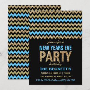 Invitation Parties scintillant bleue et or Chevron New Years 