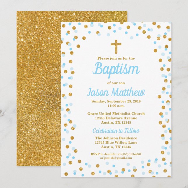 Invitation Parties scintillant bleue et or Confetti Baptême I (Devant / Derrière)