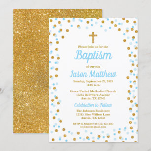 Invitation Parties scintillant bleue et or Confetti Baptême I