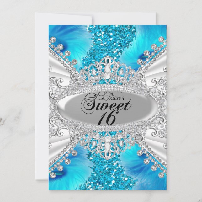 Invitation Parties scintillant bleue et plume douce 16 Invita (Devant)