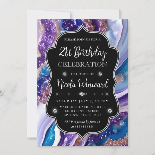 Invitation Parties scintillant bleue et violette Marbre Agate (Devant)