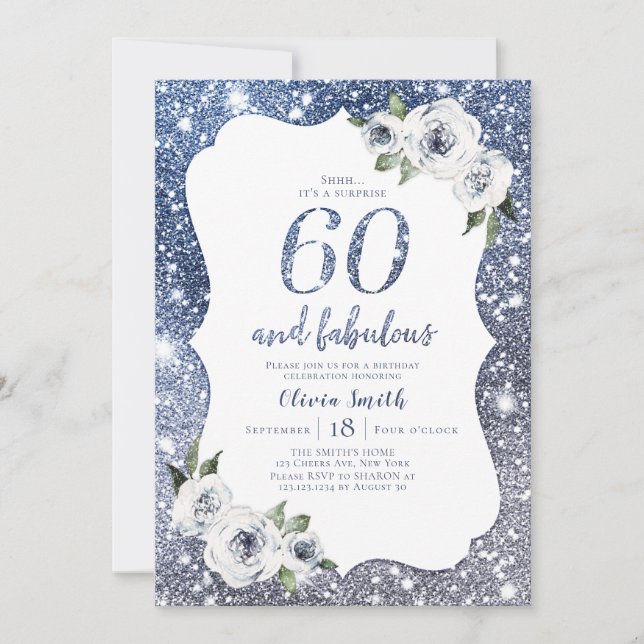 Invitation Parties scintillant bleue étincelante et 60e anniv (Devant)