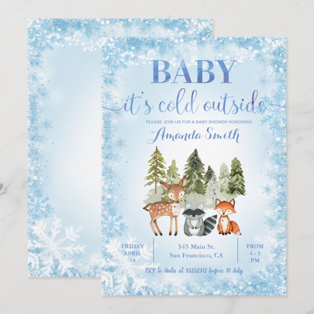 Invitation Parties scintillant Bleue Froid à l'extérieur Baby (Devant / Derrière)