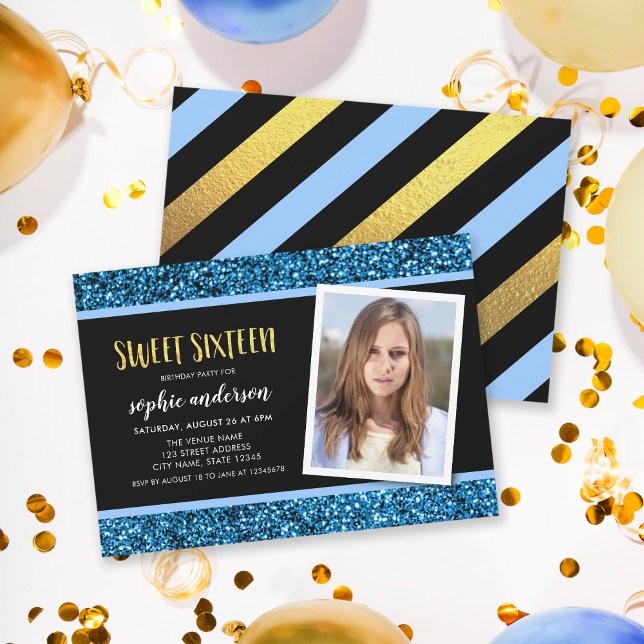 Invitation Parties scintillant Bleue Sweet 16 Photo Anniversa (Créateur téléchargé)