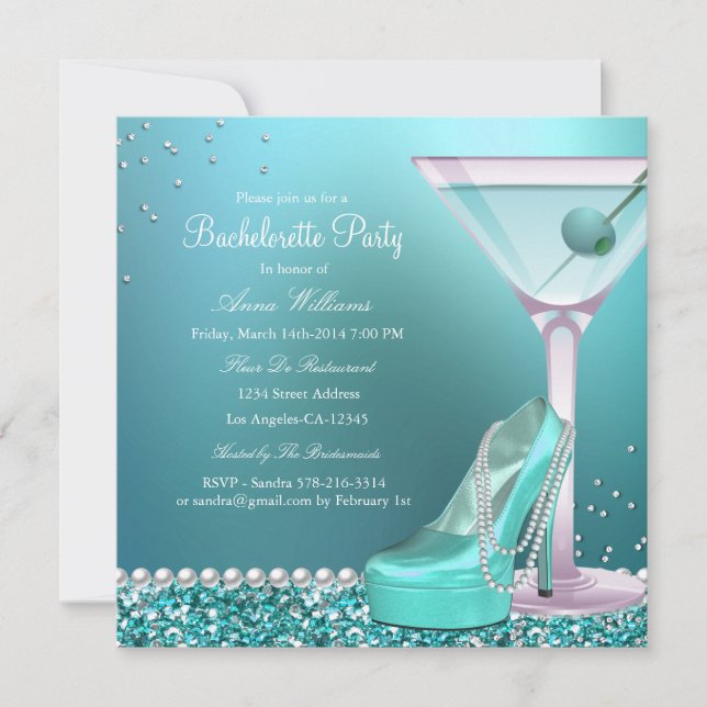 Invitation Parties scintillant bleue turquoise Pearl Bachelor (Devant)