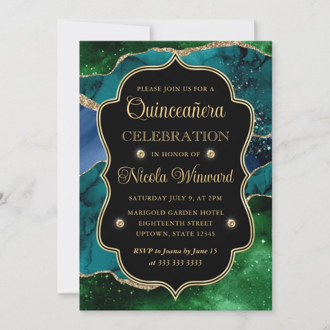 Invitation Parties scintillant bleue, verte et or Agate Quinc (Devant)