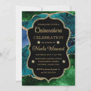 Invitation Parties scintillant bleue, verte et or Agate Quinc