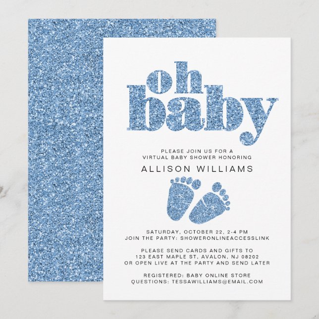 Invitation Parties scintillant bleue Virtual Baby Boy Show (Devant / Derrière)