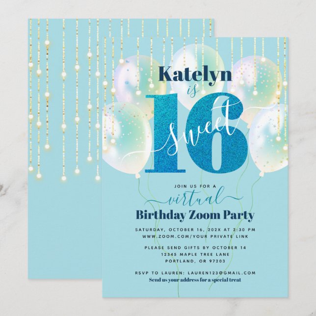 Invitation Parties scintillant bleue virtuelle Sweet 16 Ballo (Devant / Derrière)