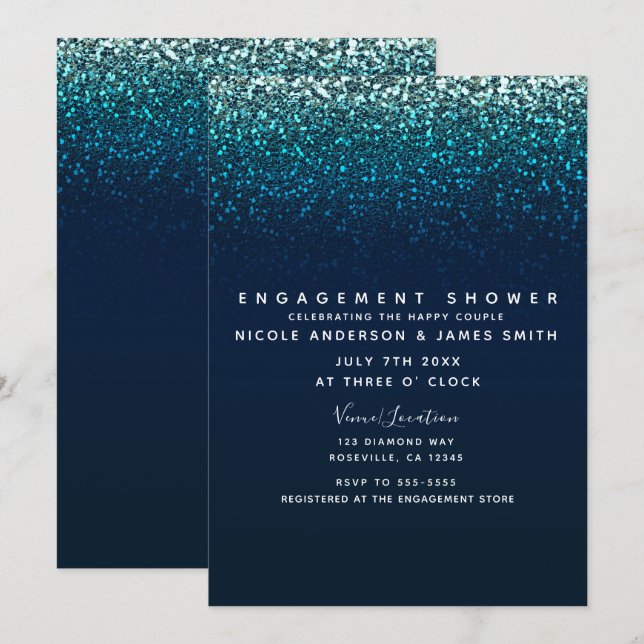 Invitation Parties scintillant Blue Aqua Navy Étincelle Fianç (Devant / Derrière)