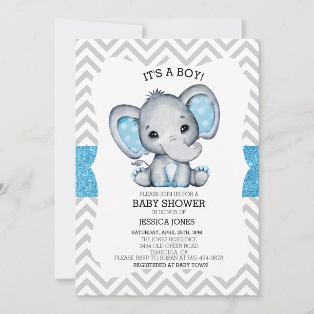 Invitation Parties scintillant Blue Elephant Baby shower Chev (Devant)