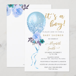 Invitation Parties scintillant Blue Floral Balloon Baby showe