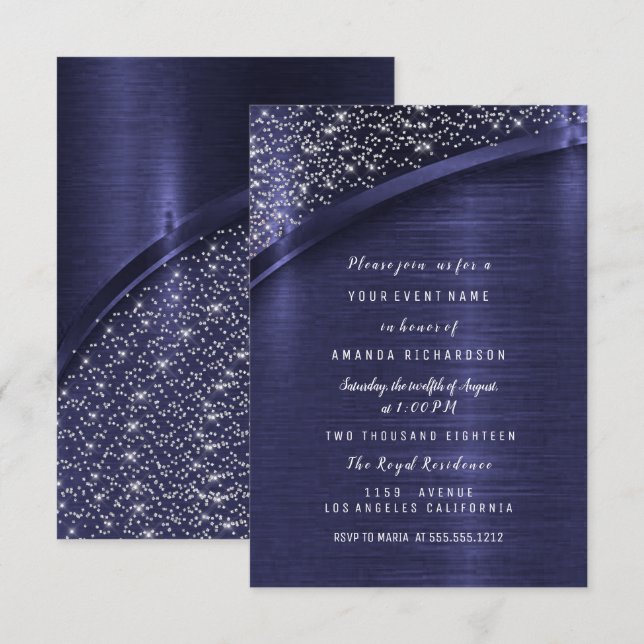 Invitation Parties scintillant Blue Navy Fête des mariées Ann (Devant / Derrière)