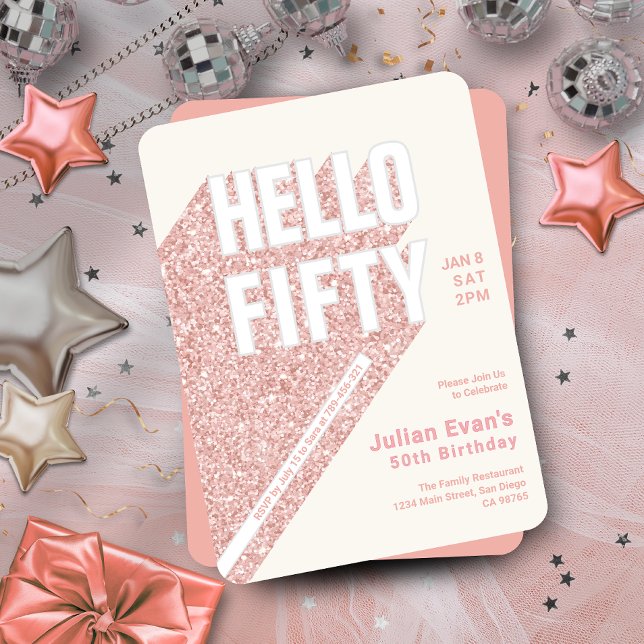 Invitation Parties scintillant Blush Pink Bold Typographie 50 (Glitter Blush Pink Bold Typography 50th Birthday Invitation)