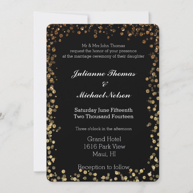 Invitation Parties scintillant Bokeh de Black et Gold Mariage (Devant)