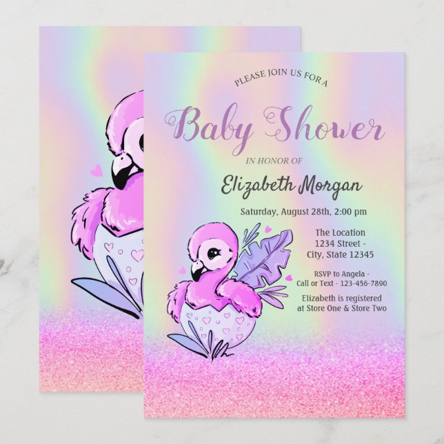 Invitation Parties scintillant Bokeh, Flamant rose, Baby show (Devant / Derrière)