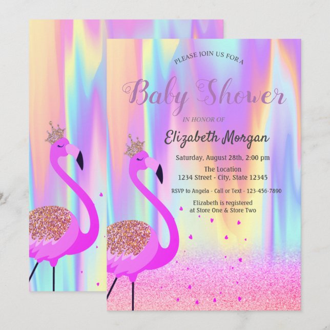 Invitation Parties scintillant Bokeh, Flamant rose, Holograph (Devant / Derrière)