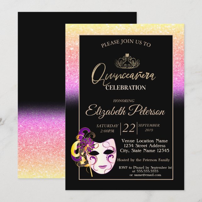 Invitation Parties scintillant Bokeh, Tiara, Masquerade Quinc (Devant / Derrière)