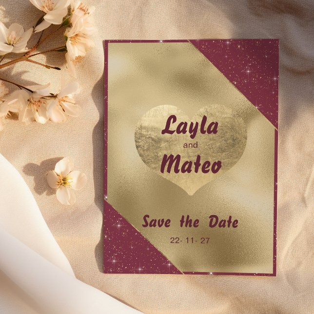 Invitation Parties scintillant bordeaux étincelante au coeur  (Gold heart sparkle burgundy glitter Save the Date )
